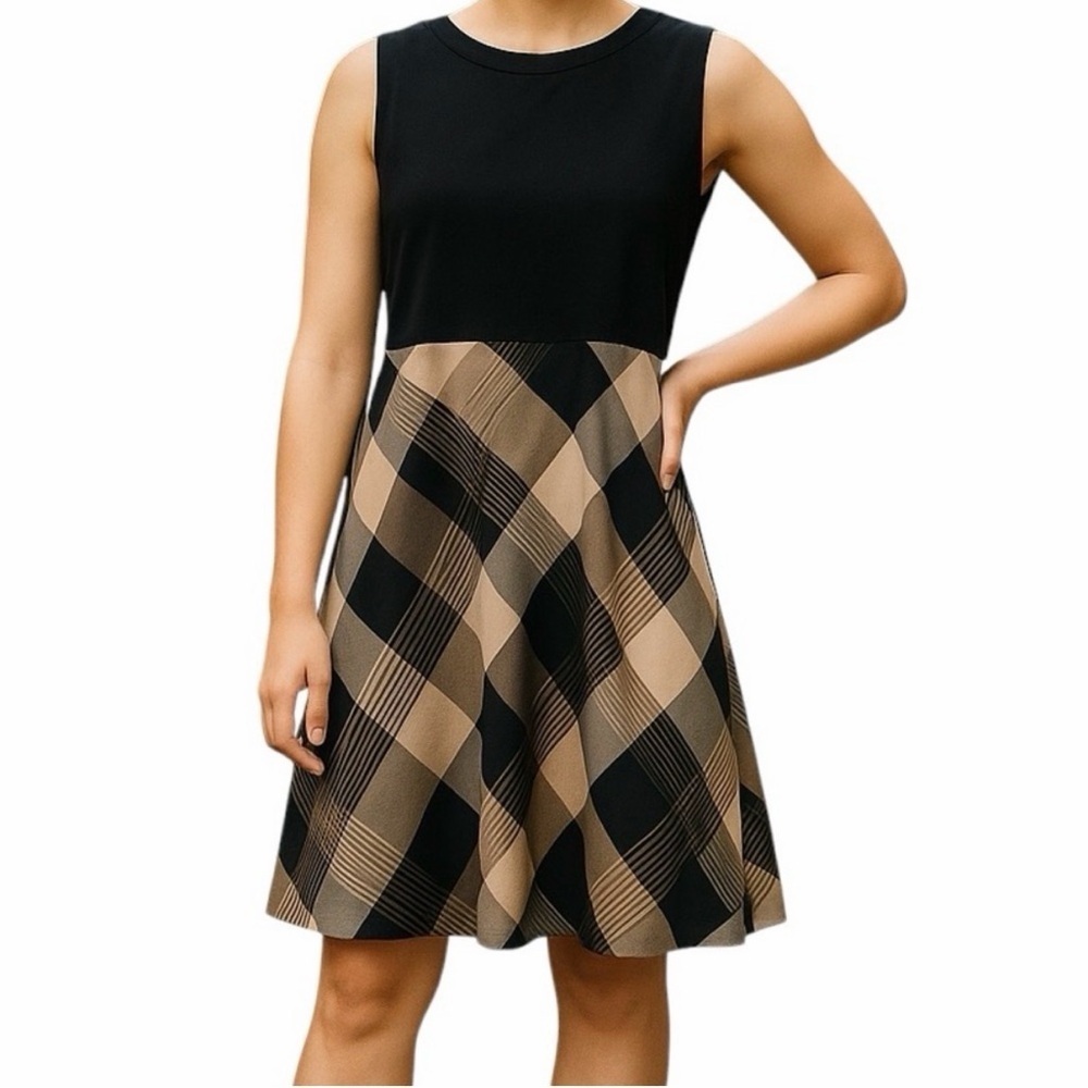 J. McLaughlin Black Knit Sleeveless Dress with Plaid Silk Skirt Medium